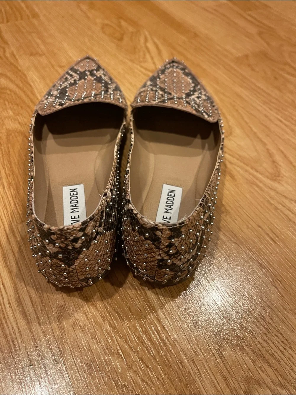 Steve Madden Feather Snake-Print Studded Pointed Toe Flats